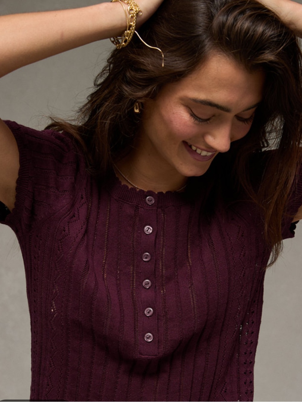 American Eagle Burgundy Red Pointelle Knit Henley Button Top